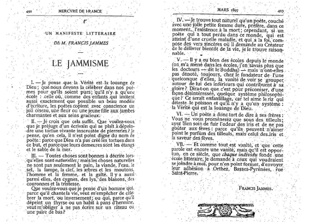 Un manifeste littéraire de Francis Jammes : Le Jammisme. Mercure de France, 1987 / Consulter le document sur Gallica