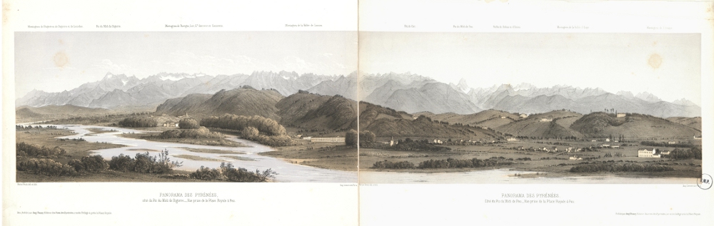 Panorama des Pyrénées, vue prise de la Place Royale à Pau, lithographie par Gorse / Ouvrir l'image dans Pireneas