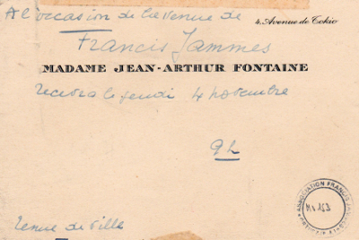 Carton d’invitation, par Madame Jean-Arthur Fontaine, pour le 4 novembre [1937]